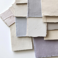 Flat lay of color swatches in light lavender, pale sky blue, and warm beige on a clean white...