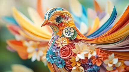 Close-up of a peace dove crafted from paper, with floral and harmony symbols, crisp and sharp with bright colors and stunning details