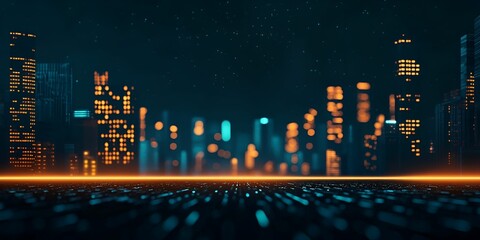 A futuristic cityscape at night, featuring illuminated skyscrapers and a glowing horizon line.