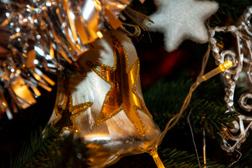 Balls On Christmas Tree. New Year Concept. Festive Christmas Decoration. Interior Christmas. Magic Tree. Fireplace And Gifts. Christmas Tree Background. New Year Banner Composition. Jingle bell