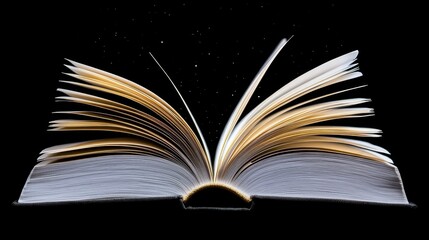 Mystical book emitting a glowing aura, pages lit with magic, starry black sky above, enchanting and dreamlike