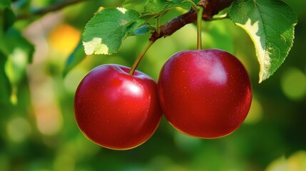 Obraz premium Fresh Red Apples Hanging on a Branch in a Lush Green Orchard