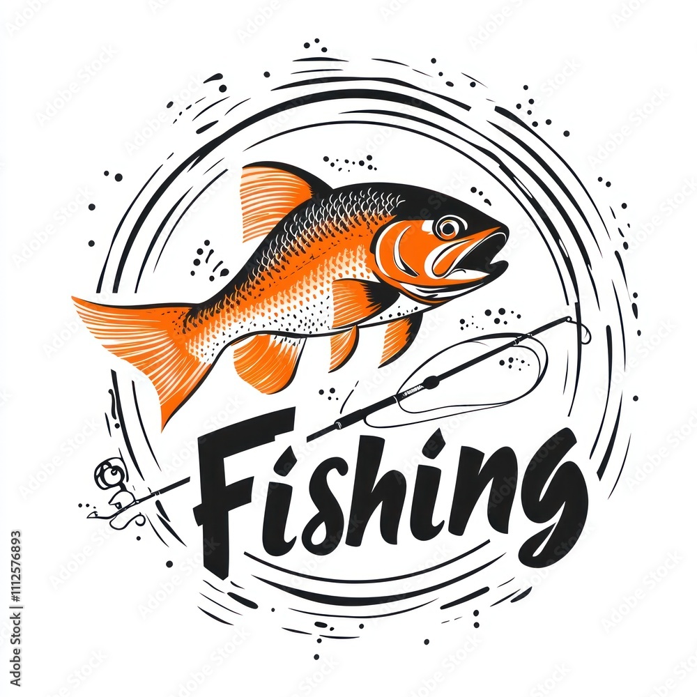 Poster here's a description and keywords for your image.. leaping orange fish on fishing hook within circul