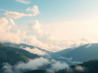 Fototapeta premium soft and fluffy white clouds scattered across the valley, valley landscape, gentle movement