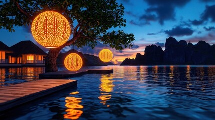 Surreal landscape of floating cultural icons in a twilight setting. High Quality