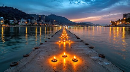 Surreal landscape of rivers lit by floating diyas and prayers. High Quality