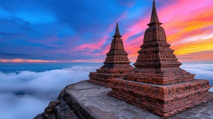 Surreal landscape of traditional temple complexes amidst glowing clouds. High Quality