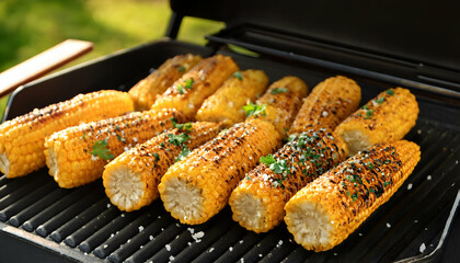 Tasty corn cobs covered with spices on the grill close up