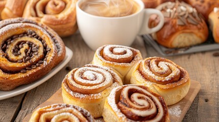 Coffee and bakery brew delightful aroma. Freshly baked cinnamon rolls and coffee.