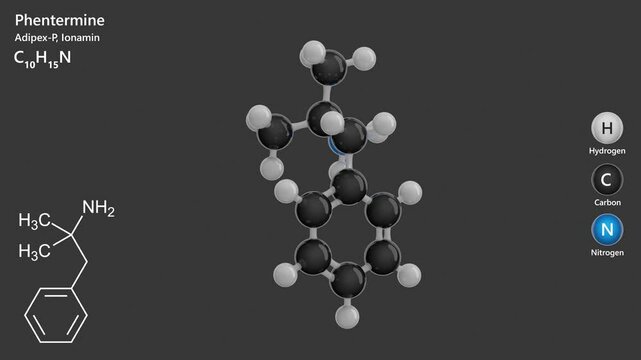 Phentermine. Stimulants substance. Animated 3D model of a molecule. Molecular formula: C10H15N. Chemical model: Ball and sticks. Gray background. 3D rendering. Seamless loop.