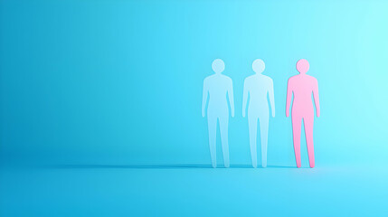 A minimalist illustration of three human figures, two in light blue and one in pink, set against a gradient blue background, symbolizing individuality and diversity.