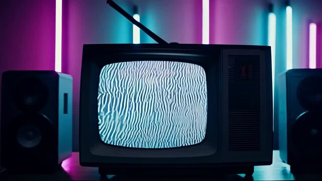 Vintage television setup with neon lighting creating a retro atmosphere in a dark room during evening hours