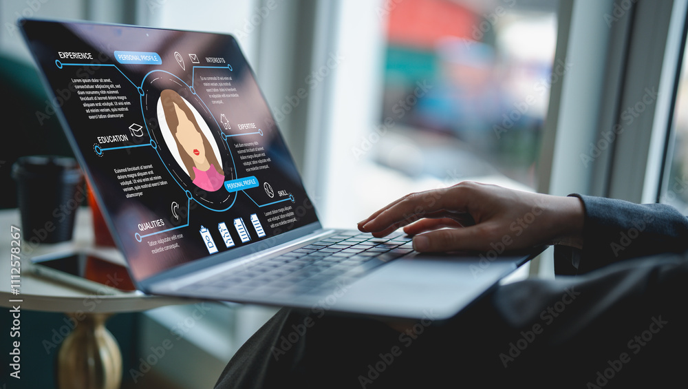 Poster a businessman uses a laptop, seamlessly integrating personal information file storage with hr checkl