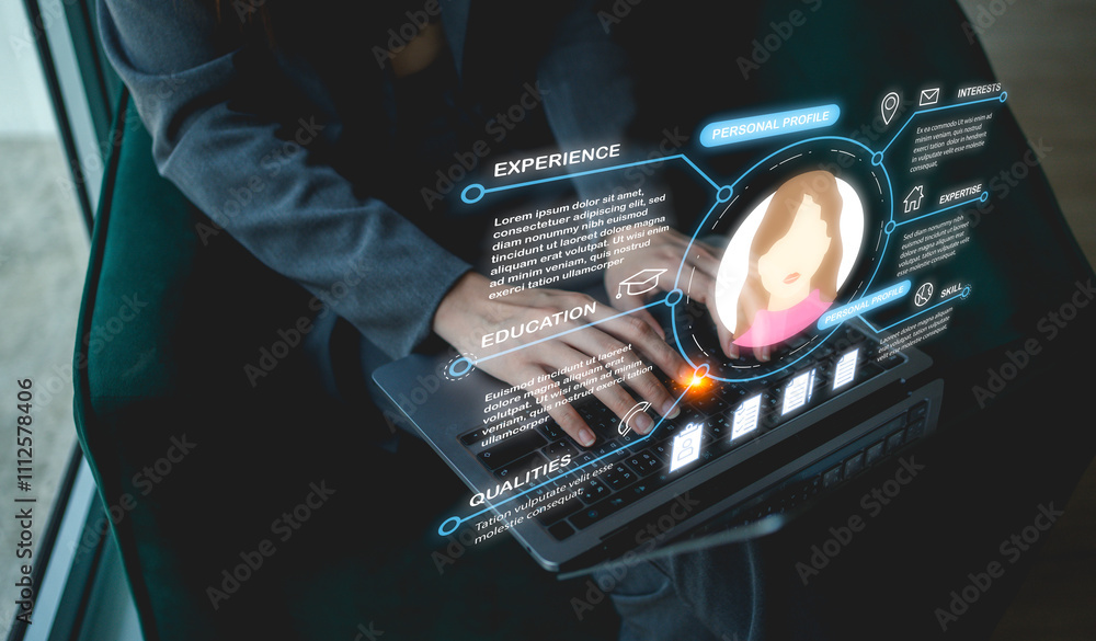 Poster a businessman uses a laptop, seamlessly integrating personal information file storage with hr checkl