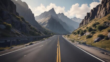 Naklejka premium Solo drive on winding asphalt road through mountains, , freedom road