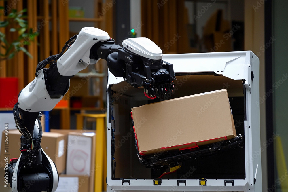 Poster Robot arm loading package into delivery box at warehouse