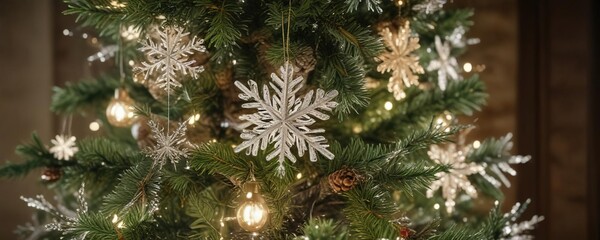 Sparkling snowflakes gently fall on a decorated Christmas tree , sparkles, festive, trees