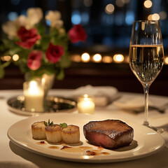 Romantic dinner with filet mignon, scallops, champagne, and red wine 