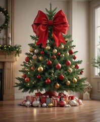 Spruce Christmas tree with a large bow and ornaments, garland, evergreen