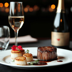 Romantic dinner with filet mignon, scallops, champagne, and red wine 