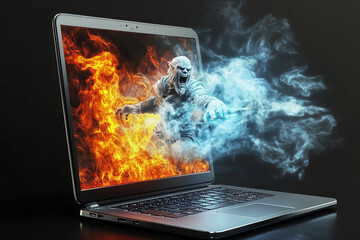 Fantasy character emerges from laptop with flame and ice effects