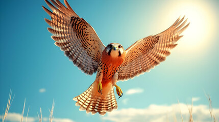 A majestic bird of prey soars gracefully against a vibrant sky, showcasing its outstretched wings in the bright sunlight.