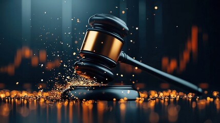 Oversized gavel crashes in financial arena law and justice art