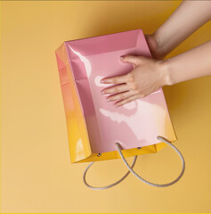  Emptying the shopping bag.  Two hands holding a bag,The material is Glossy paper.