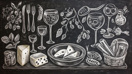 Hand-drawn chalk design of pasta dishes, wine glasses, and cheese on a textured board