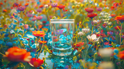 A glass of water surrounded by vibrant flowers in a colorful field.