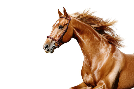 A beautiful chestnut horse galloping with its mane flowing in the wind. transparent background.