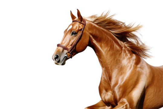 A beautiful chestnut horse galloping with its mane flowing in the wind. transparent background.