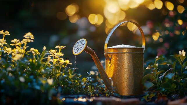 A golden watering can sits among blooming flowers, illuminated by soft sunlight and bokeh, capturing a serene garden moment.