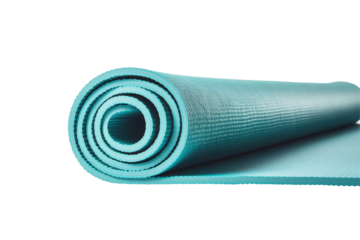 A rolled turquoise yoga mat, perfect for fitness and relaxation exercises. transparent background