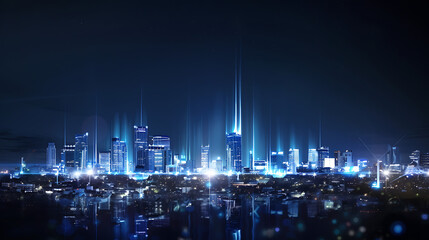 Fototapeta premium Futuristic urban network upgrade action illuminated skyline with 5g beams cityscape digital environment night view concept