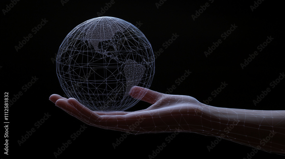 Poster wireframe hand holding a globe representing global networking, seamless communication, advanced tech