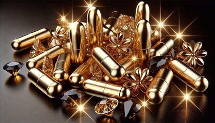Luxury golden capsules isolated on black background. High-class image for health and beauty