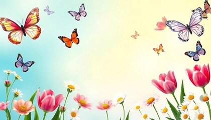 Fototapeta premium Colorful Spring Background with Butterflies, Tulips, and Daisies
