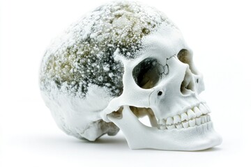 A close-up shot of a skull covered in snow, perfect for winter-themed projects