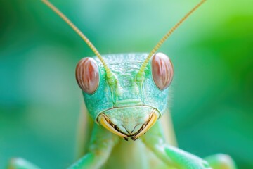 A close-up view of a praying mantis' face, with its distinctive features and expression