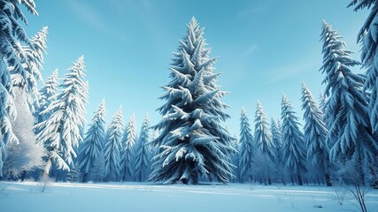Fototapeta premium Towering coniferous tree in snow-covered woods, bare branches, towering