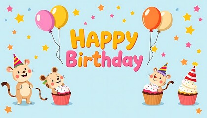 Obraz premium Playful Birthday Background with Cartoon Animals, Balloons, and Cupcakes
