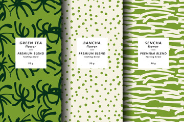 Vector illustration set of templates contemporary abstract cover and patterns for matcha tea packaging with labels. Minimal modern backgrounds