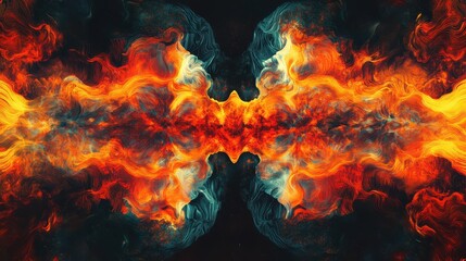Burning flames forming abstract shapes on a deep black backdrop, vibrant colors blending in retro fiery patterns, dynamic design