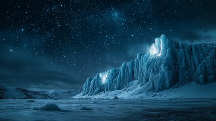 A serene, icy landscape under a starry night sky, featuring towering ice formations that glimmer with light.