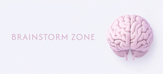 Human brain pink color on white background, anatomy and biology. Idea, insight, artificial intelligence and genius concept banner template with text "brainstorming zone"