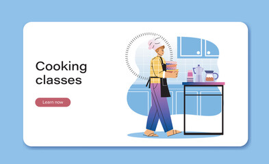 Professional cooking landing page. Man with empty bowls. Webinar and master class, courses. Educational materials on internet. Flat vector illustration