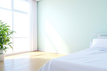 Fototapeta premium Hospital room with empty bed in blue tone
