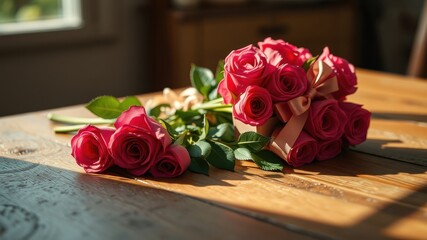A bouquet of vibrant crimson roses, tied with a delicate blush-colored ribbon, rests on a weathered wooden surface bathed in warm sunlight.