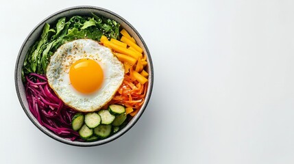 Korean Bibimbap, A vibrant bowl of fresh vegetables topped with a sunny-side-up egg, showcasing a healthy and colorful meal.